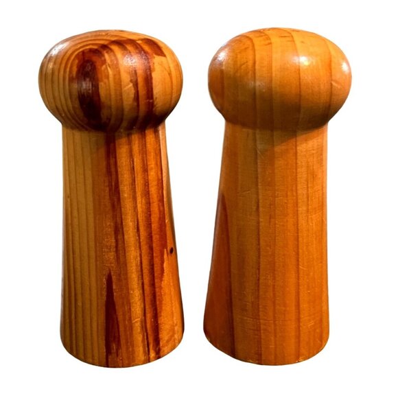 Vtg Oak Wood Turned Salt Pepper Shakers MCM Retro - Picture 4 of 4